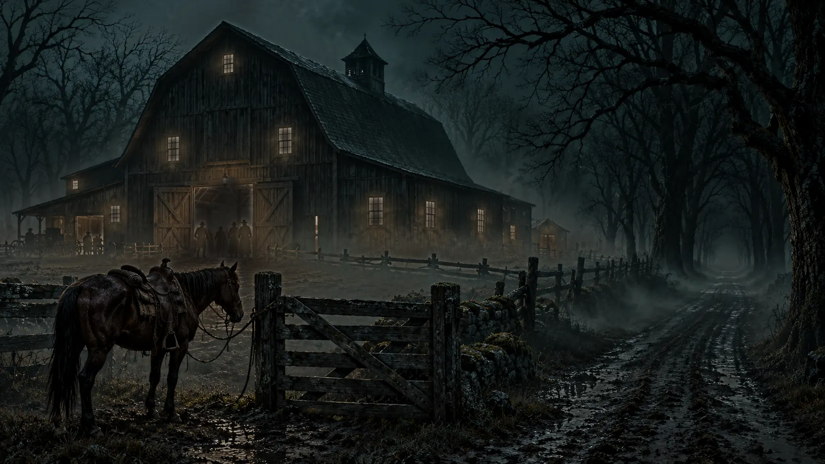 A lit barn at night, a horse tied at the gate, the road running into the trees