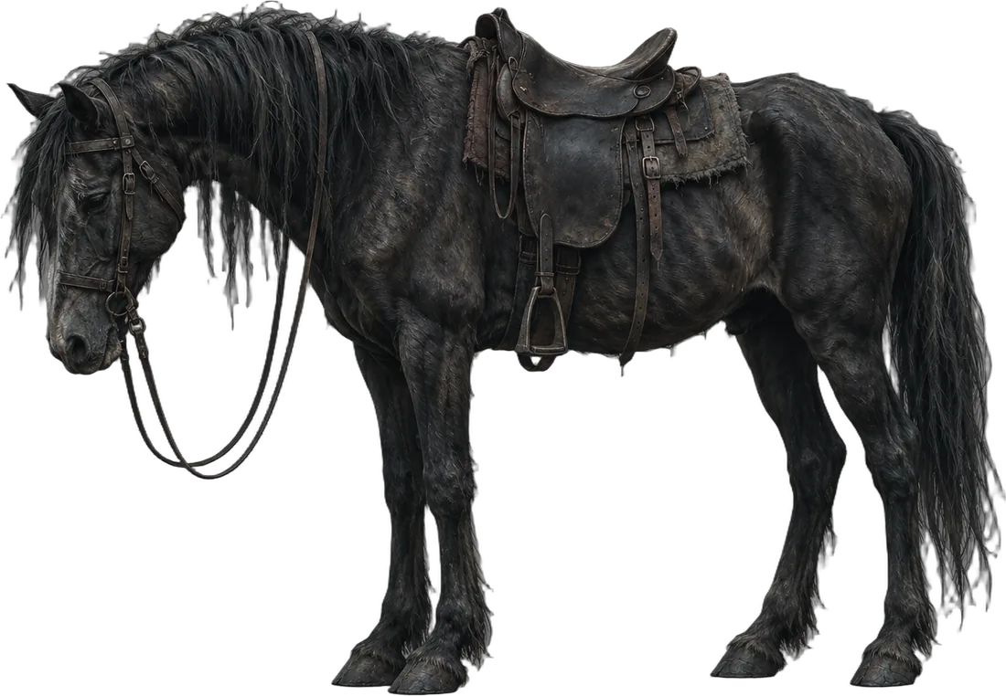 A riderless horse standing on the road