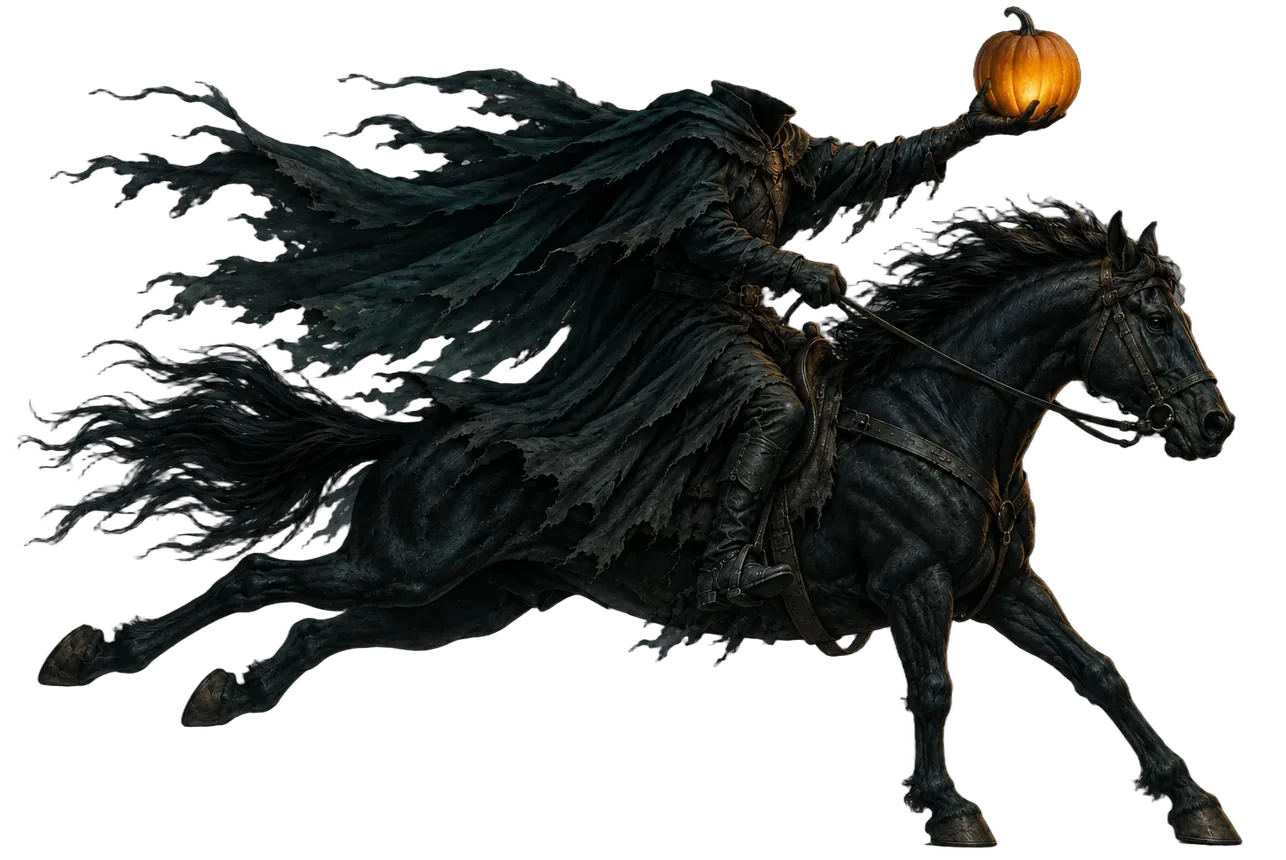 The Headless Horseman galloping past with a glowing pumpkin lantern held out