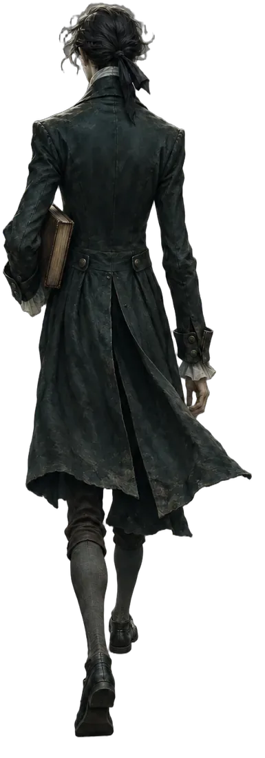 Ichabod Crane, seen from behind, walking down the lane with a book under his arm