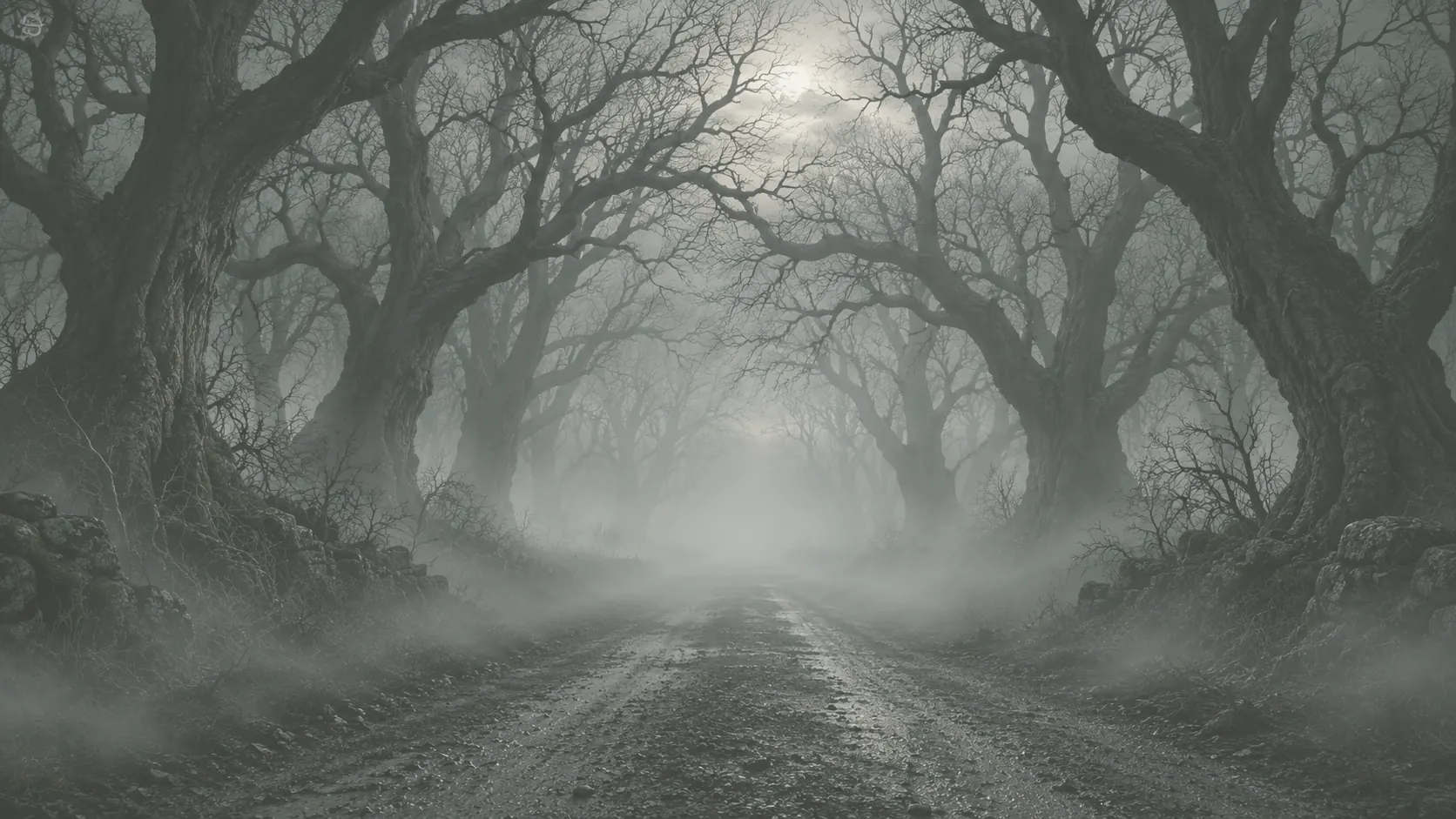 The same road at grey dawn, the fog lifting