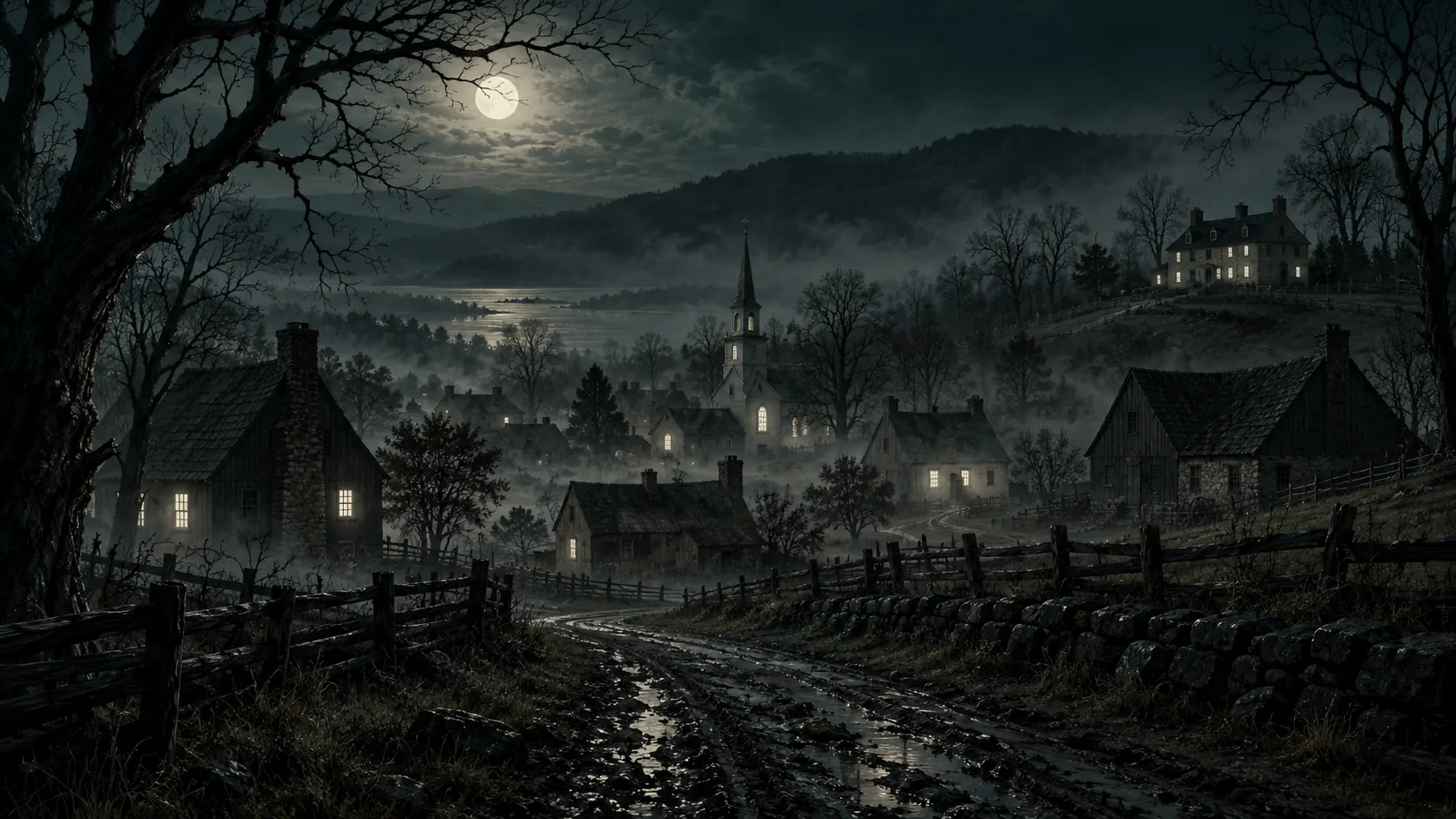 A Hudson Valley village in fog at dusk