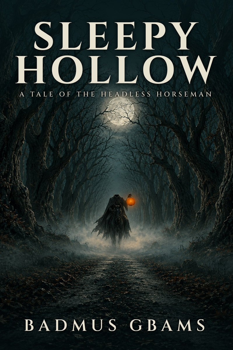 Sleepy Hollow by Badmus Gbams, the book cover: a headless rider with a glowing pumpkin lantern on a foggy road under bare trees